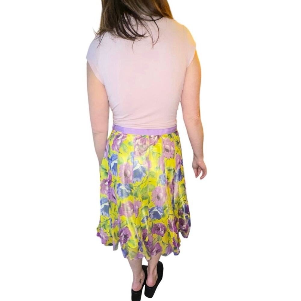 Vintage 90s Y2K 100% silk yellow midi skirt with purple floral